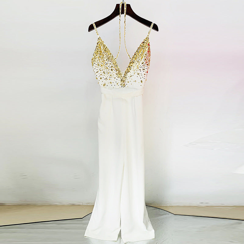 Meet Me In Dubai White Beaded Straight Jumpsuit