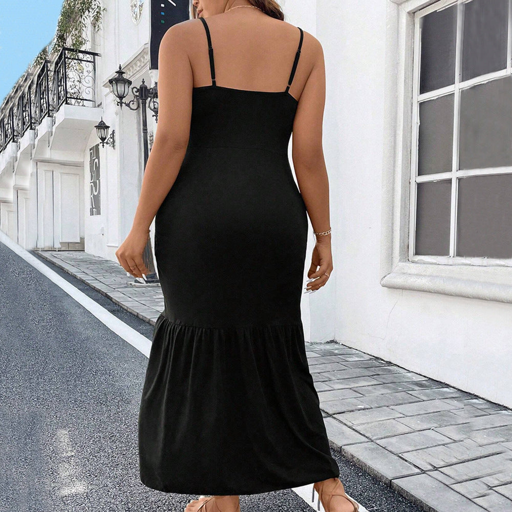 Plus Size Women Sexy Strap Button Backless Slit  Dress