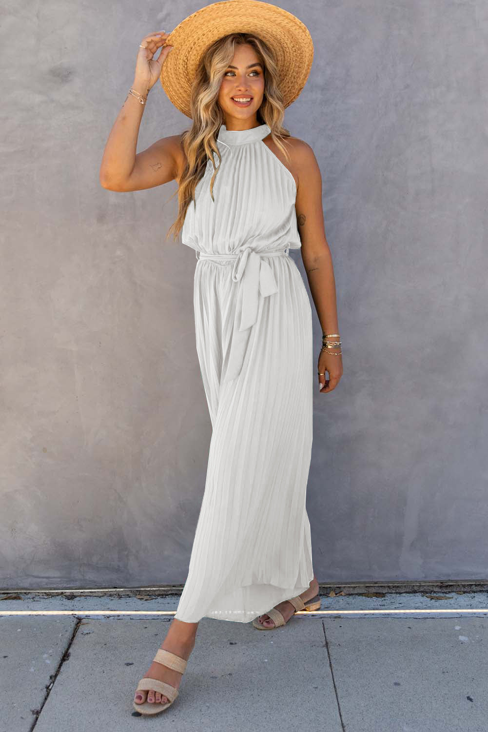 Elegant Halter Neck Belted Pleated Wide Leg Jumpsuit