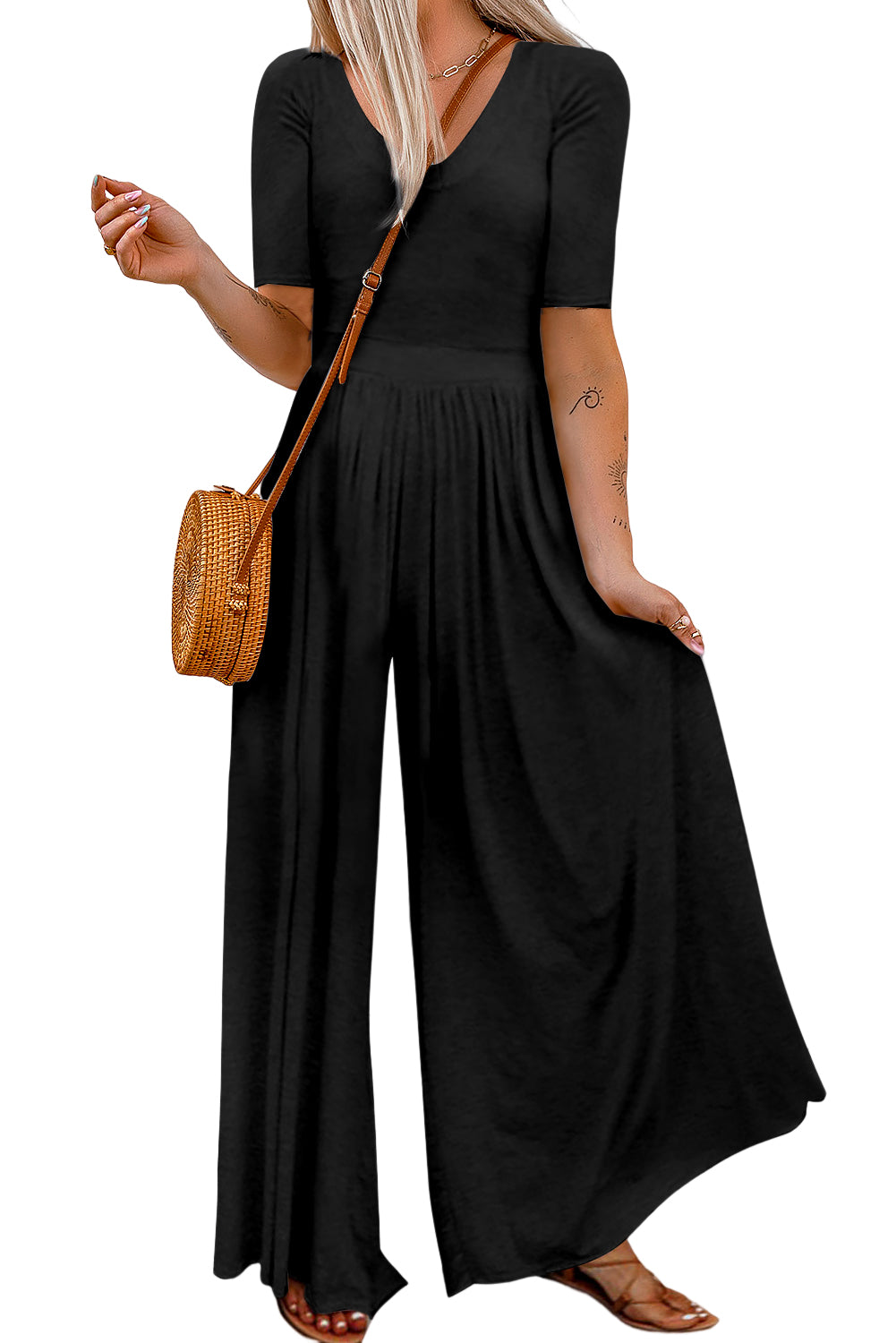 Plain Basic Short Sleeve Wide Leg Jumpsuit