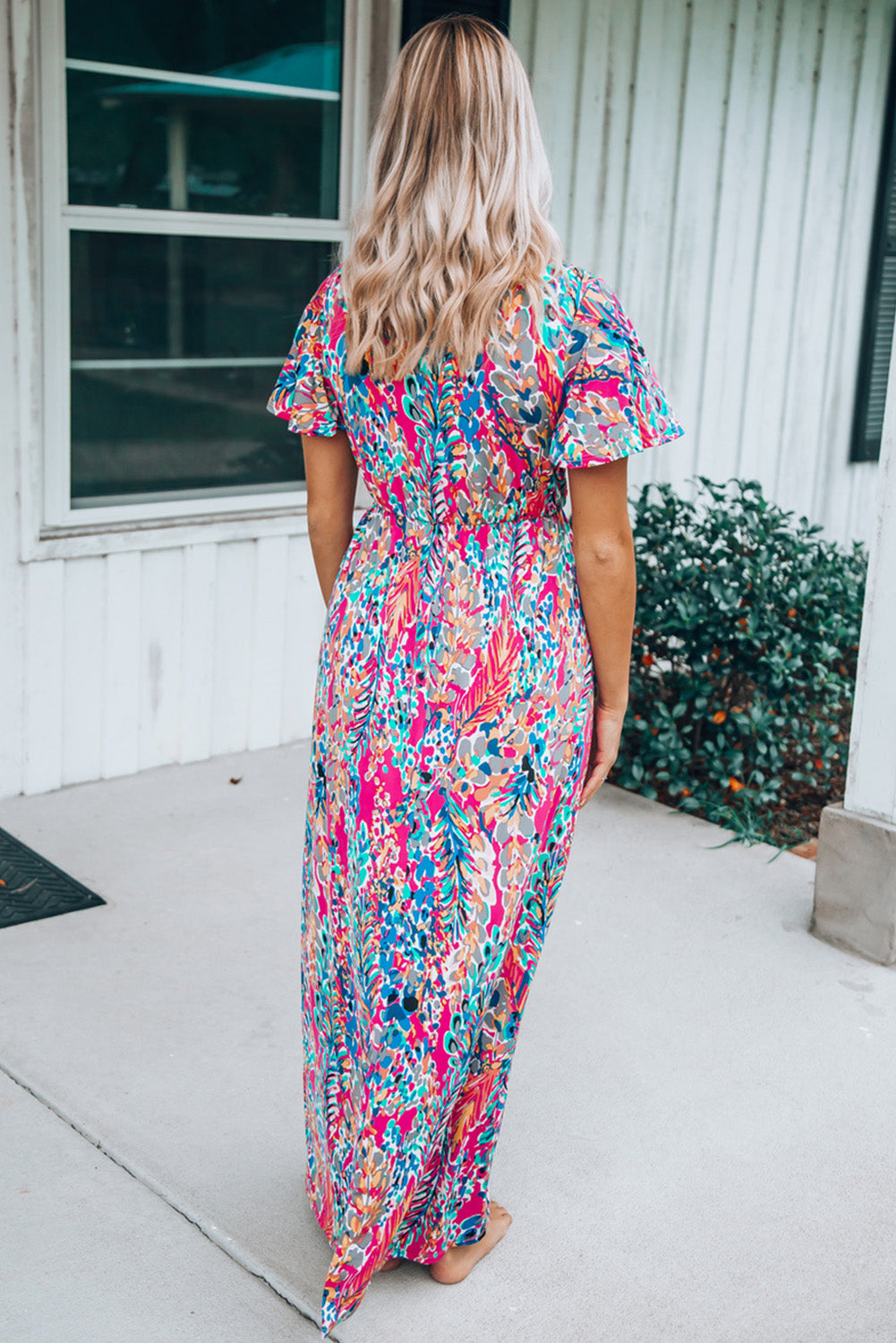 Print Wrap V Neck Short Sleeve Maxi Dress