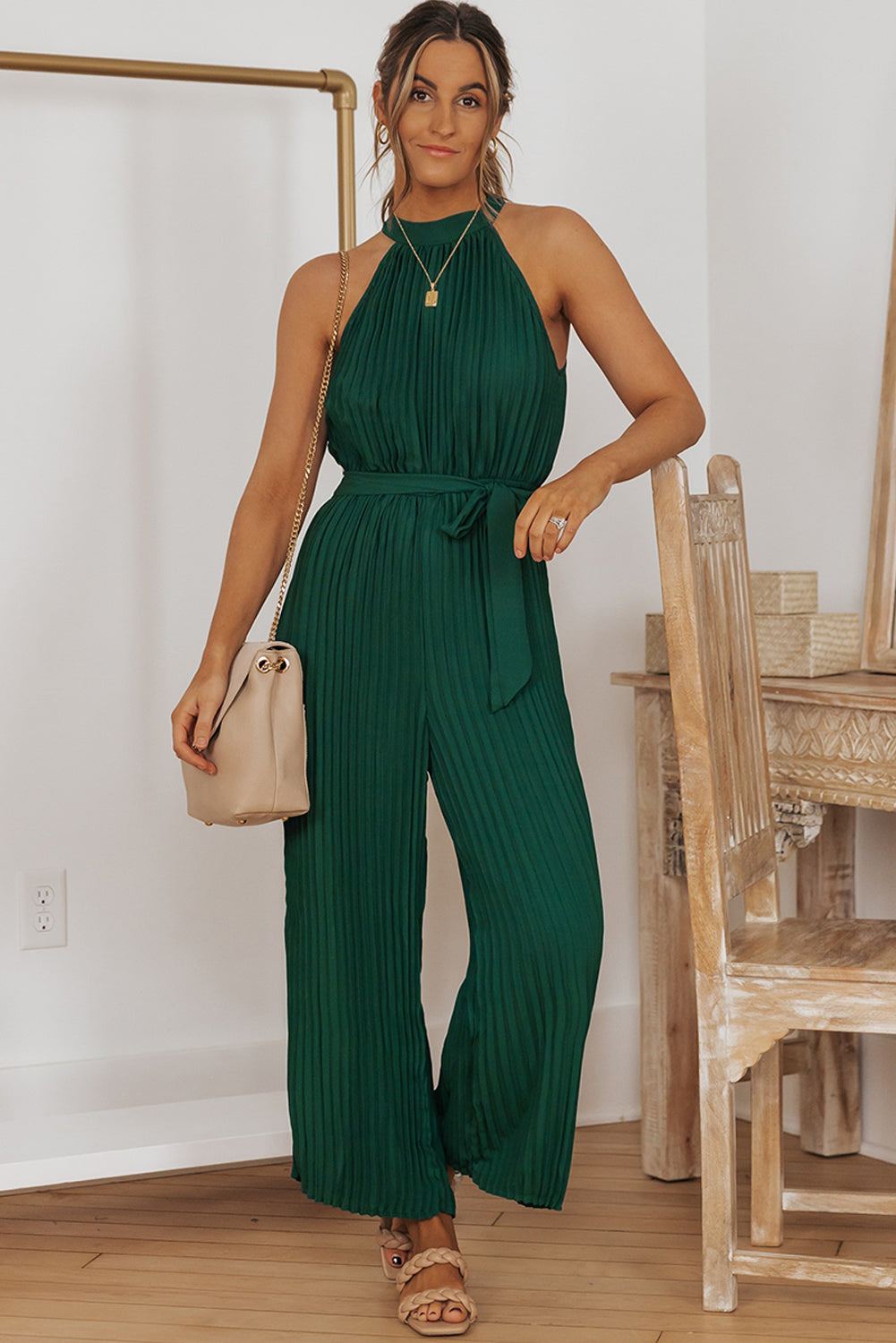 Elegant Halter Neck Belted Pleated Wide Leg Jumpsuit