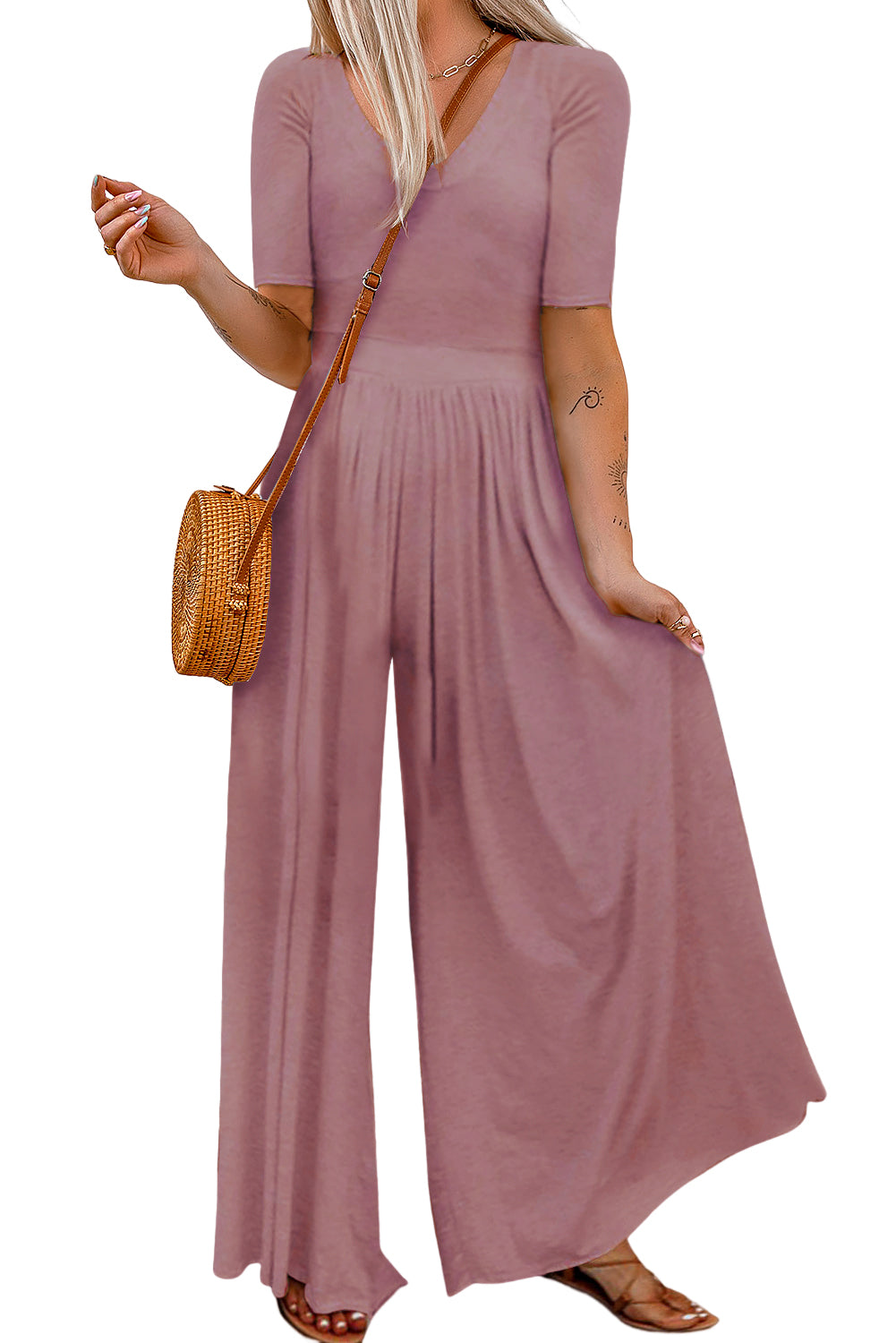 Plain Basic Short Sleeve Wide Leg Jumpsuit