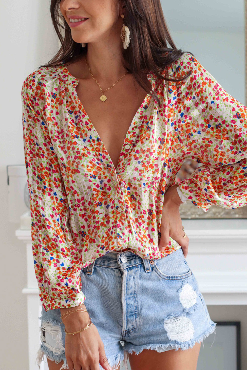 Multicolor Floral Print Boho Button Up Lantern Sleeve Blouse