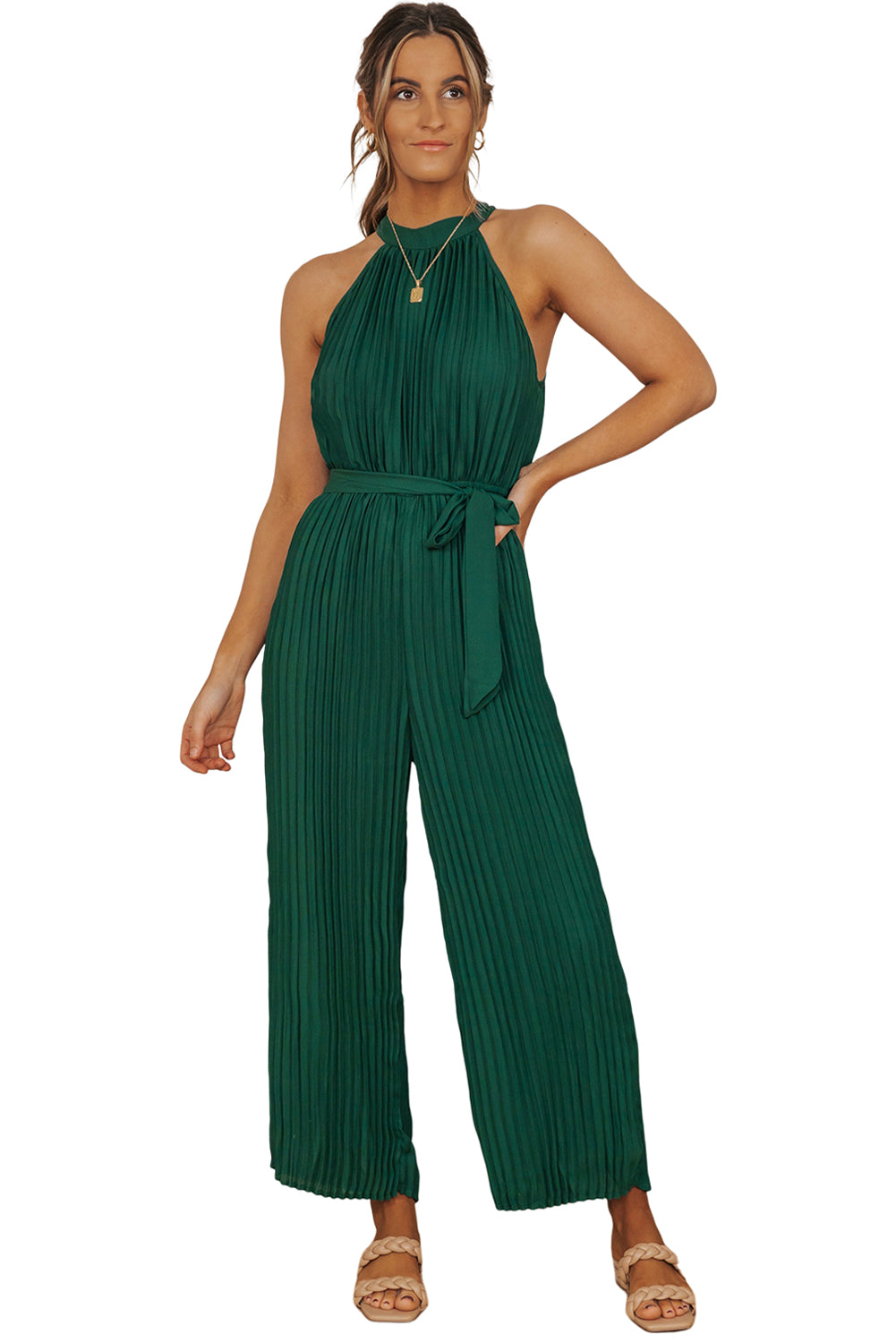 Elegant Halter Neck Belted Pleated Wide Leg Jumpsuit