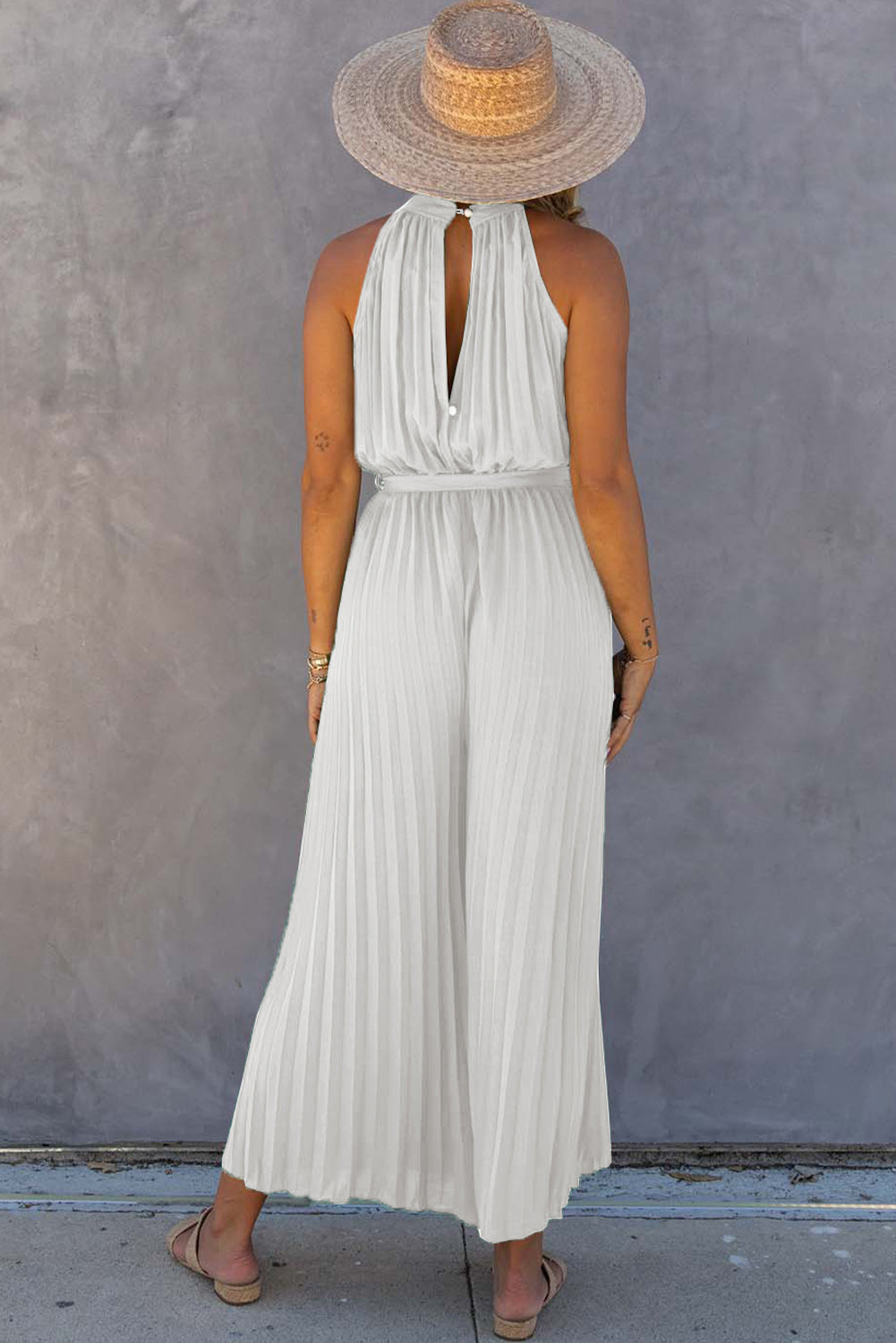 Elegant Halter Neck Belted Pleated Wide Leg Jumpsuit