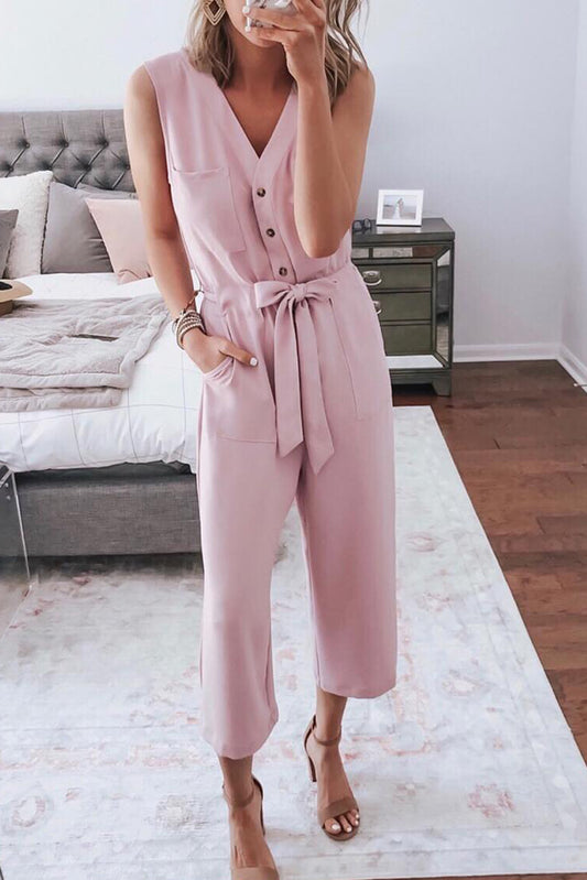 Buttoned Sleeveless Cropped Jumpsuit With Sash