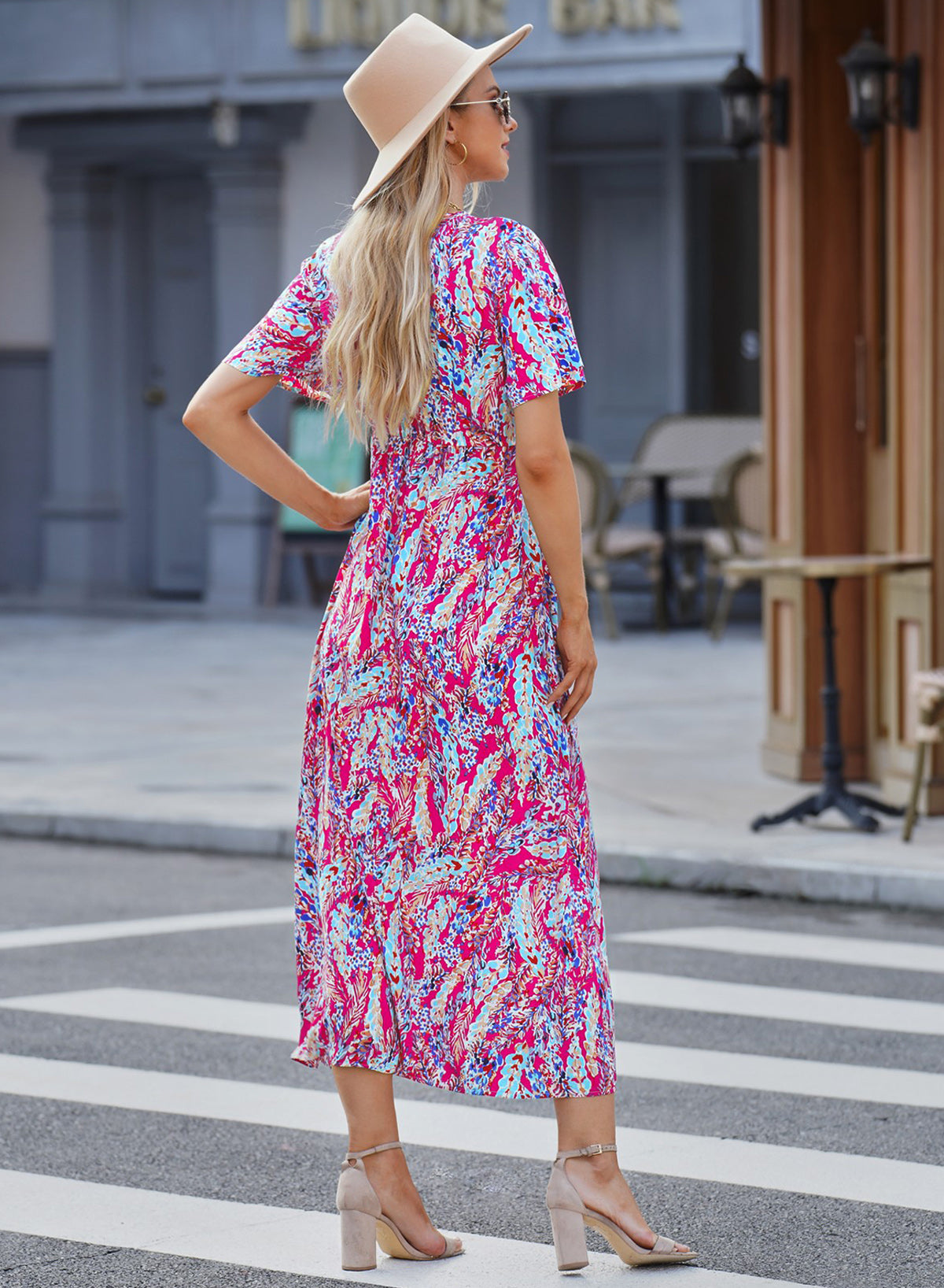 Print Wrap V Neck Short Sleeve Maxi Dress