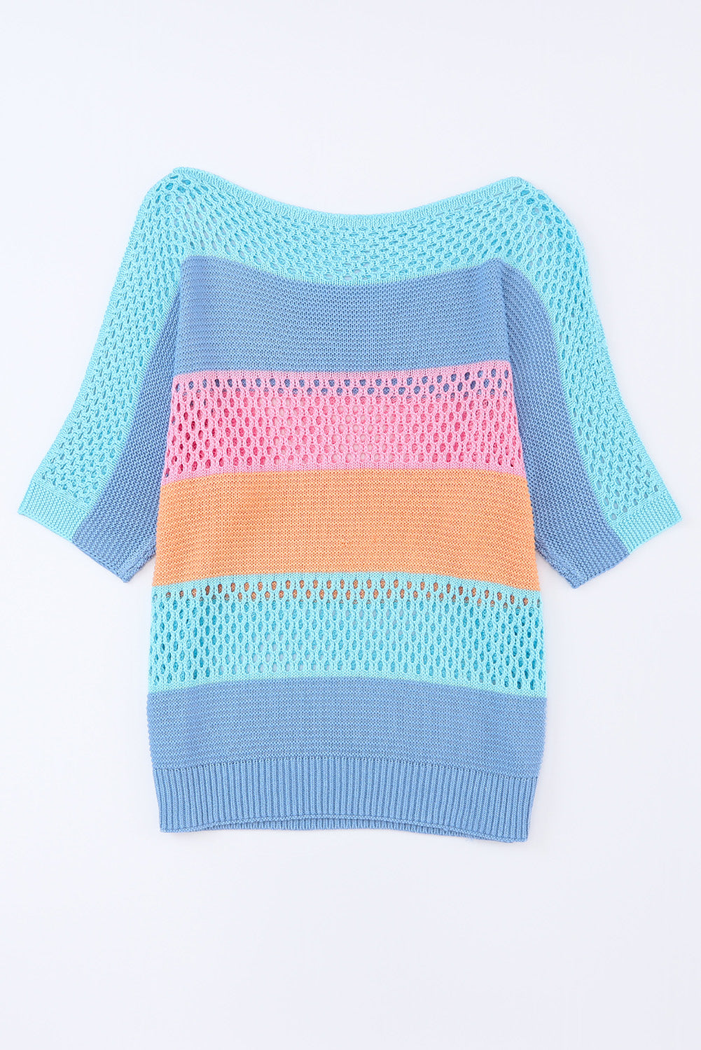 Pink Knitted Eyelet Colorblock Striped Half Sleeves Top