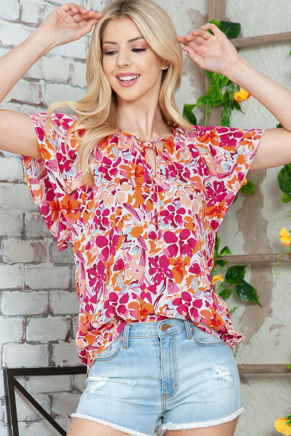 Floral Print Flutter Sleeves Short Sleeve Blouse