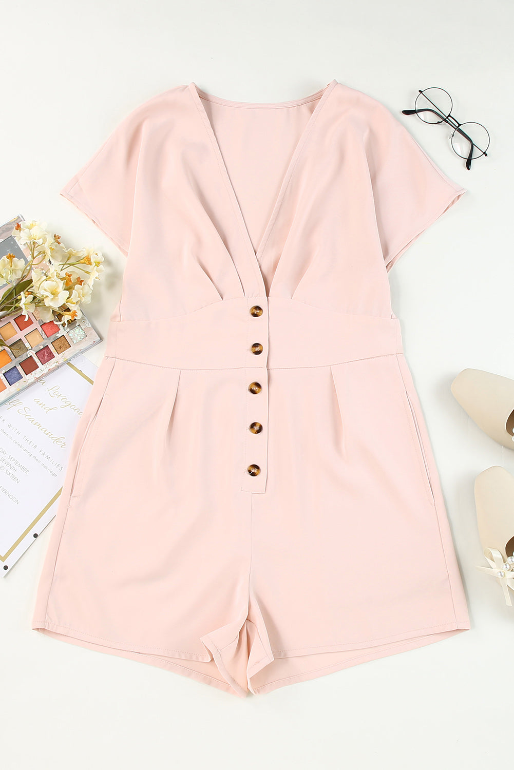 Pink Buttoned High Waist Romper