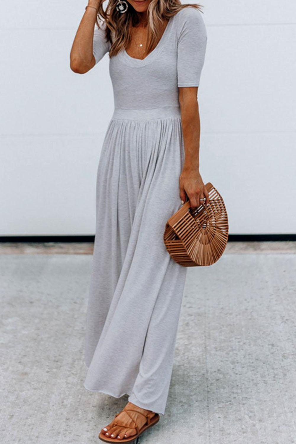 Plain Basic Short Sleeve Wide Leg Jumpsuit