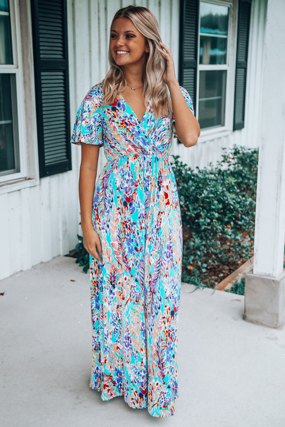 Print Wrap V Neck Short Sleeve Maxi Dress