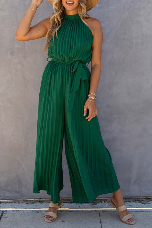 Elegant Halter Neck Belted Pleated Wide Leg Jumpsuit