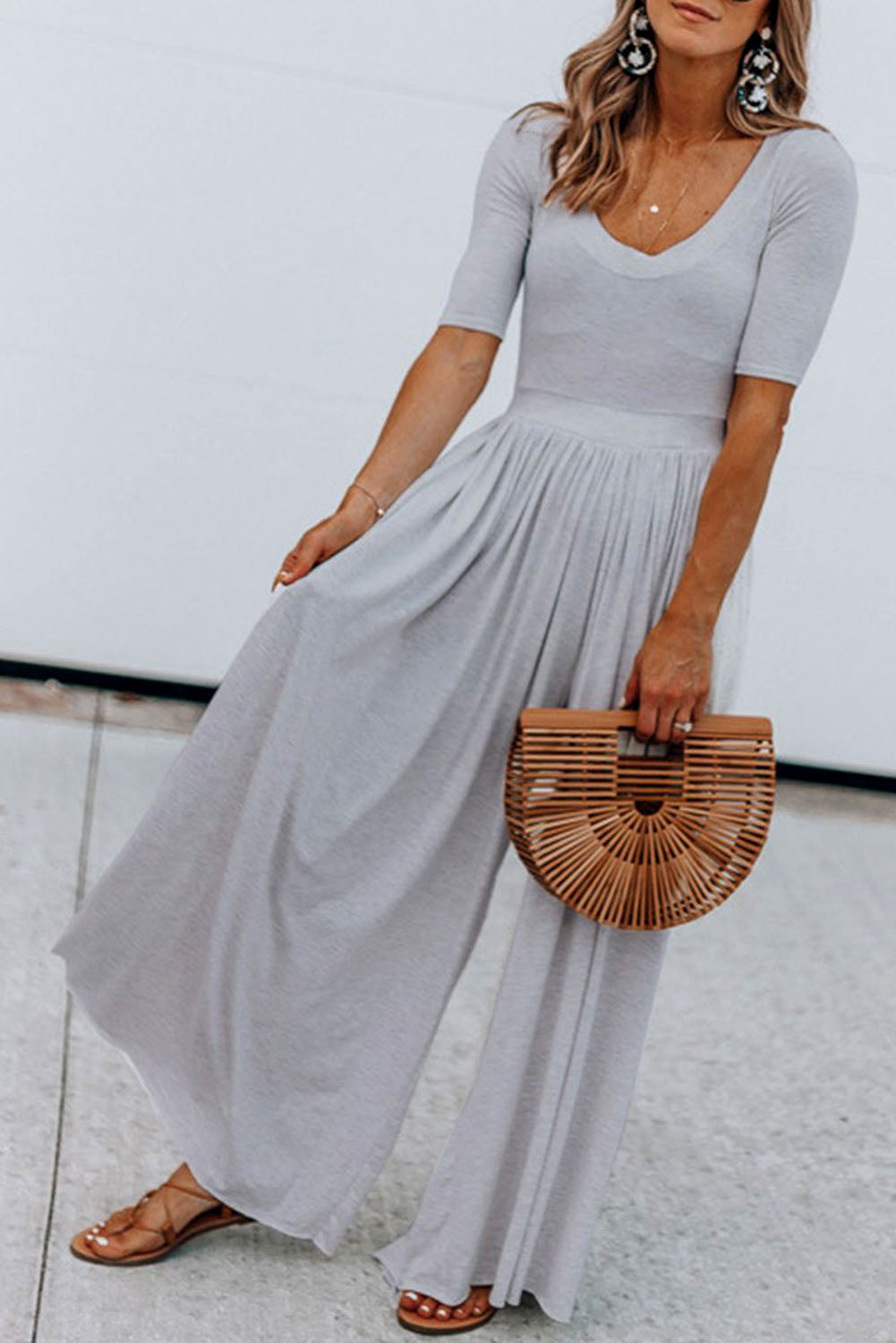 Plain Basic Short Sleeve Wide Leg Jumpsuit