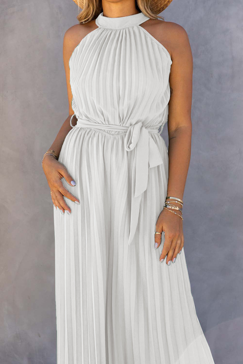 Elegant Halter Neck Belted Pleated Wide Leg Jumpsuit