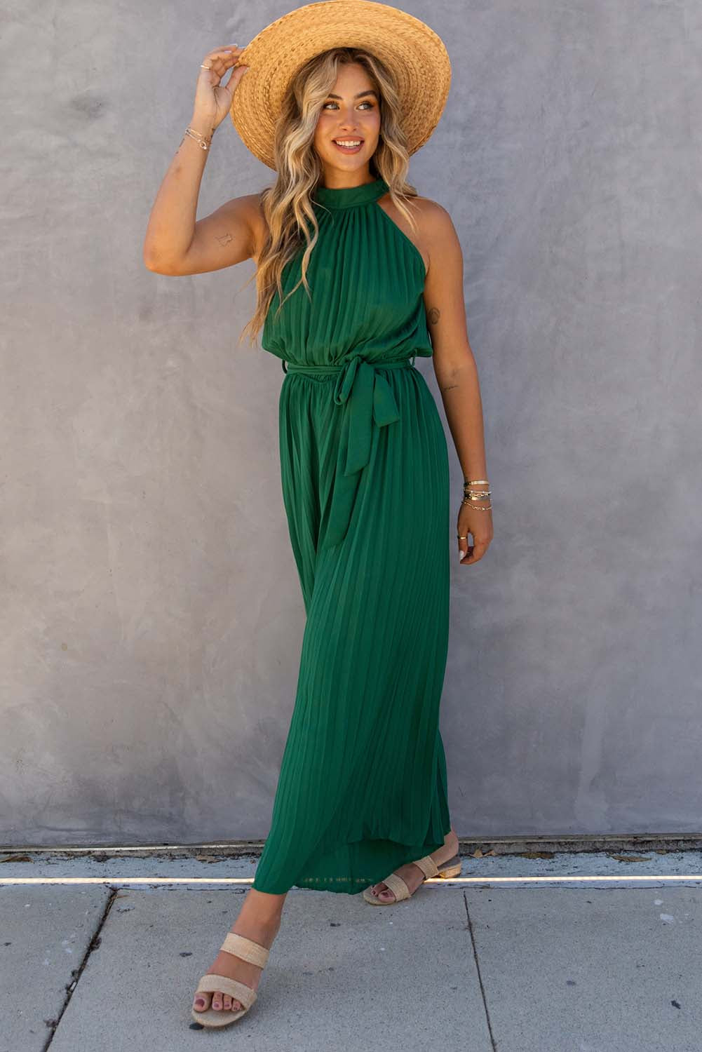 Elegant Halter Neck Belted Pleated Wide Leg Jumpsuit