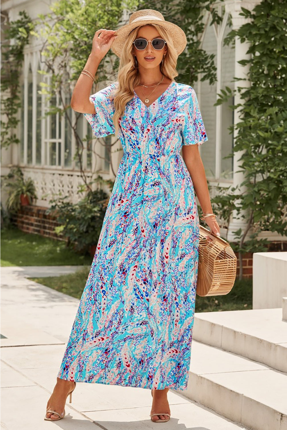 Print Wrap V Neck Short Sleeve Maxi Dress