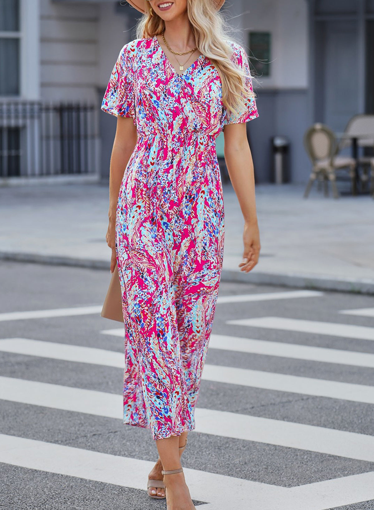 Print Wrap V Neck Short Sleeve Maxi Dress