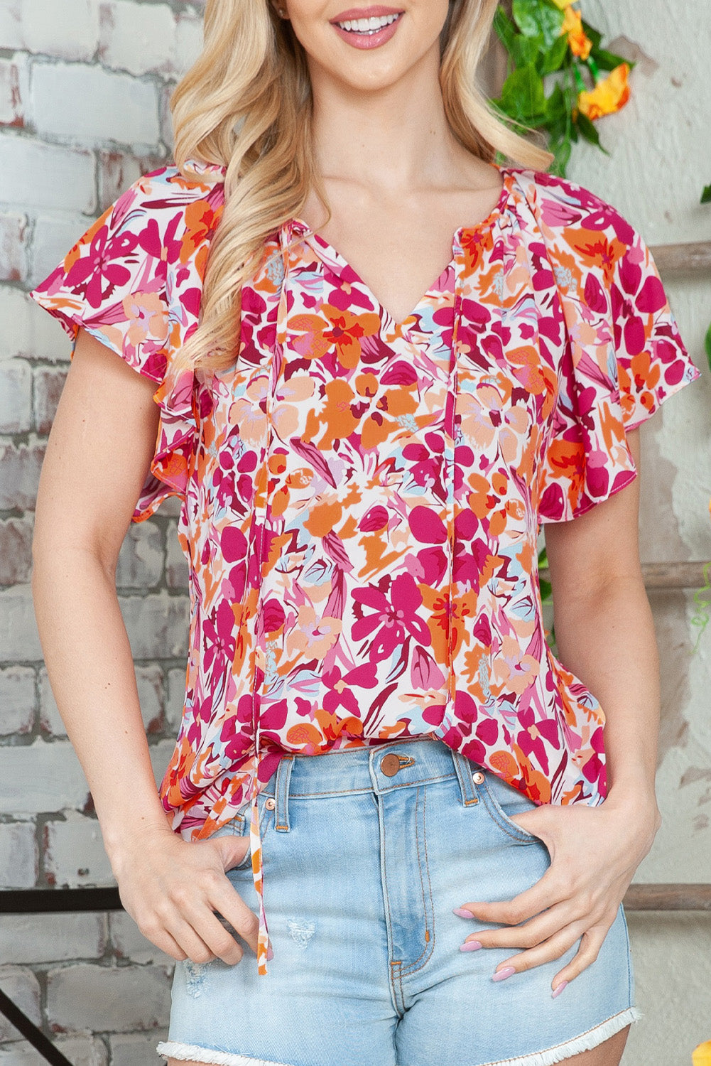 Floral Print Flutter Sleeves Short Sleeve Blouse