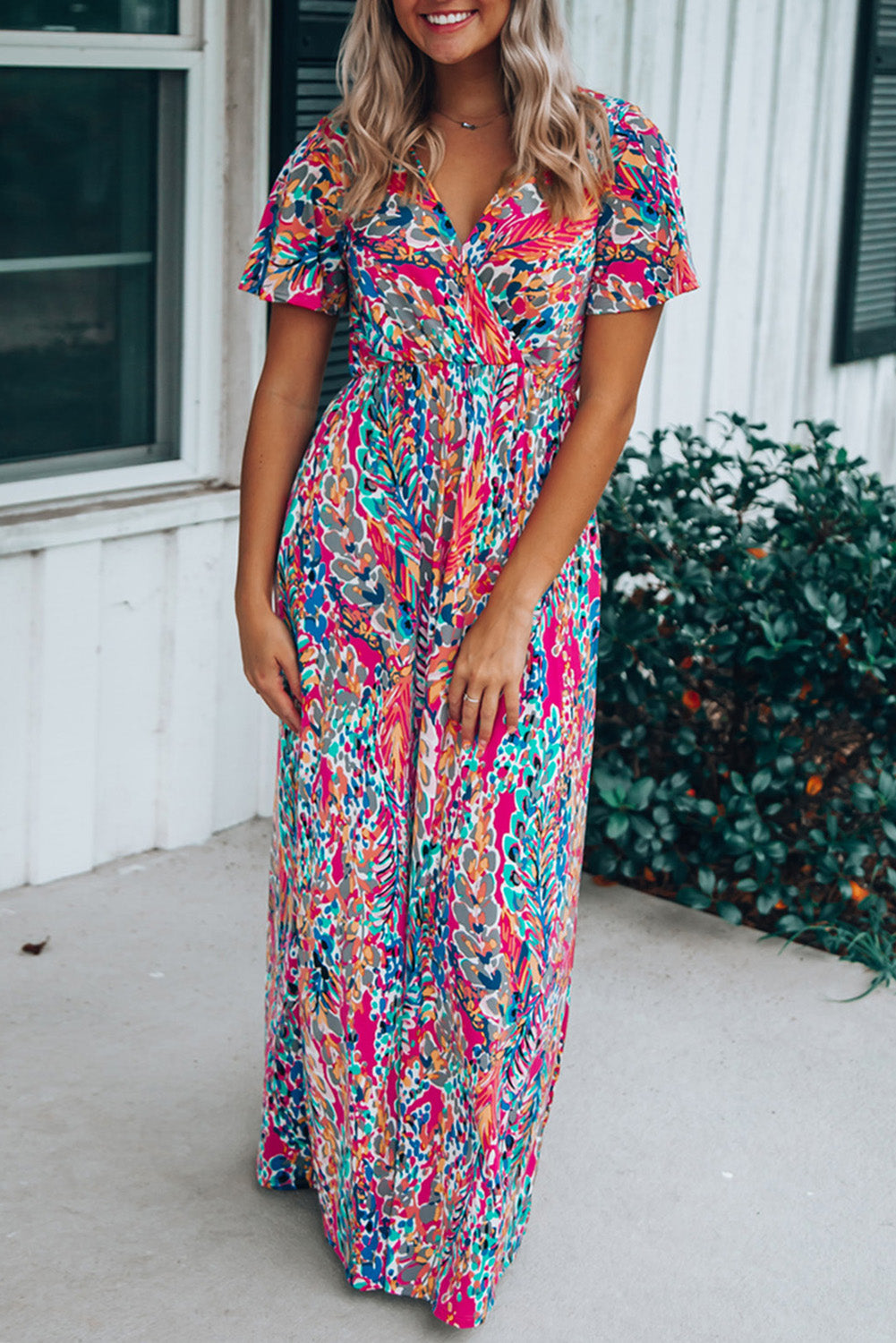 Print Wrap V Neck Short Sleeve Maxi Dress