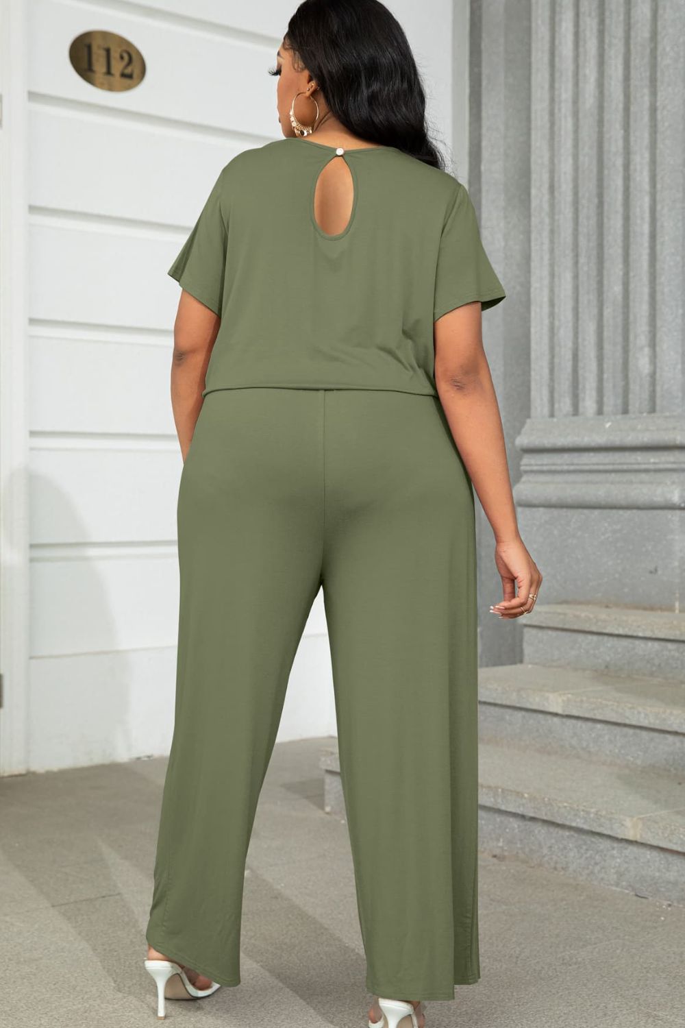 Plus Size Drawstring & Pockets Sleeve Jumpsuit