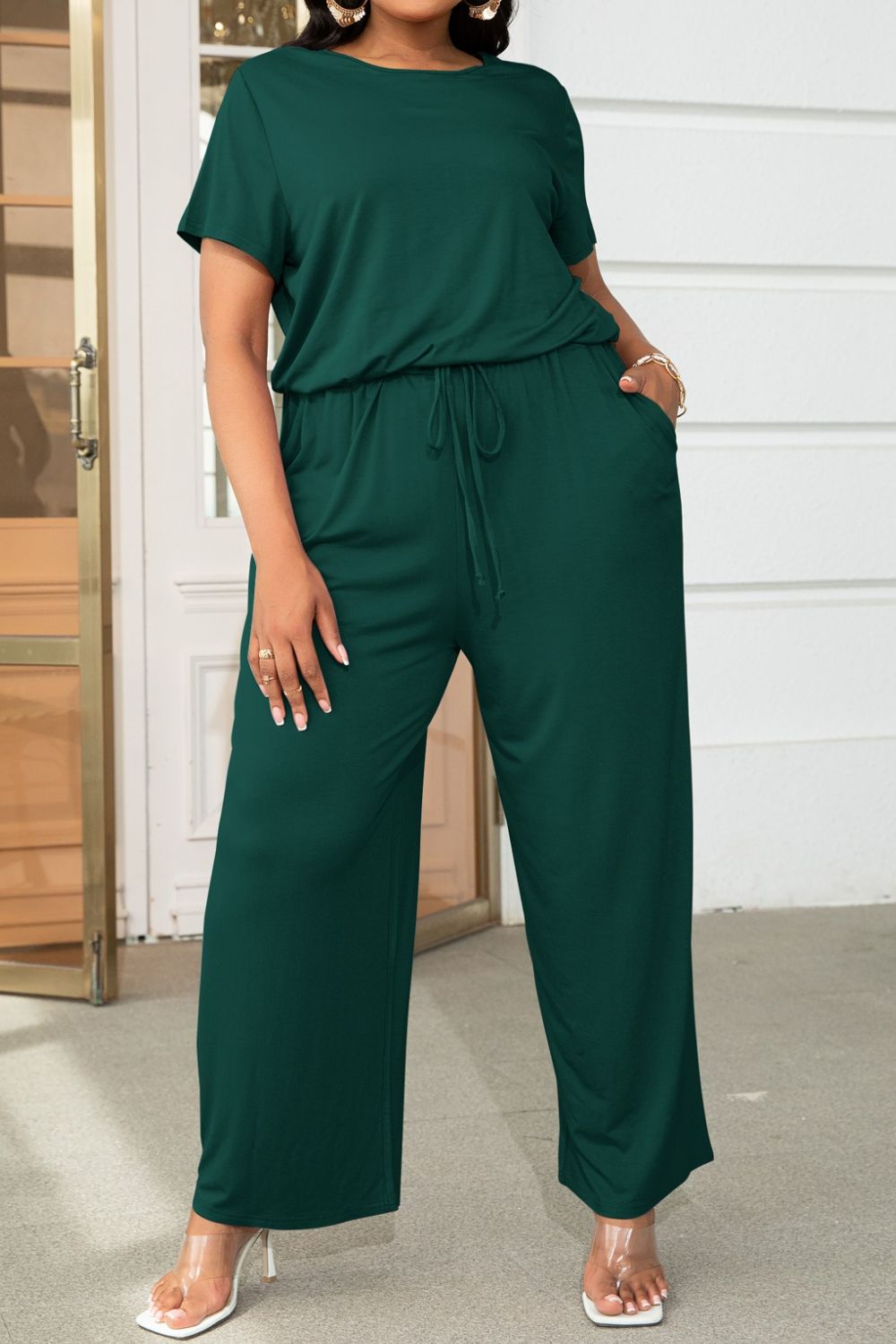 Plus Size Drawstring & Pockets Sleeve Jumpsuit