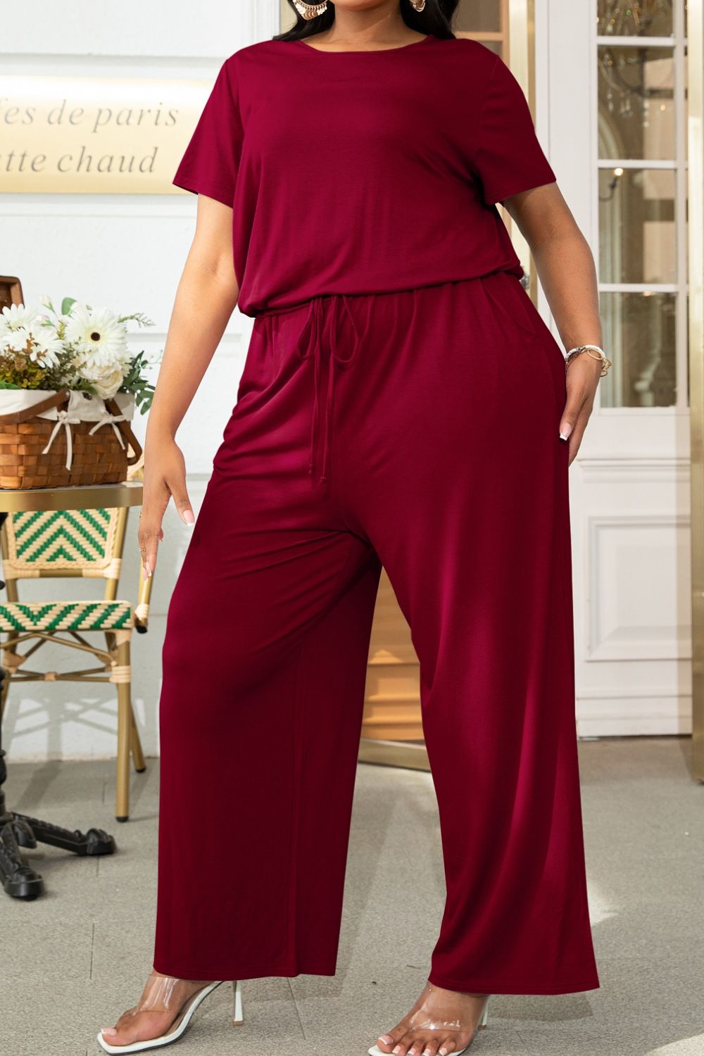 Plus Size Drawstring & Pockets Sleeve Jumpsuit