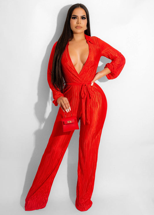 Low Cut Long Sleeve Pleated Jumpsuit