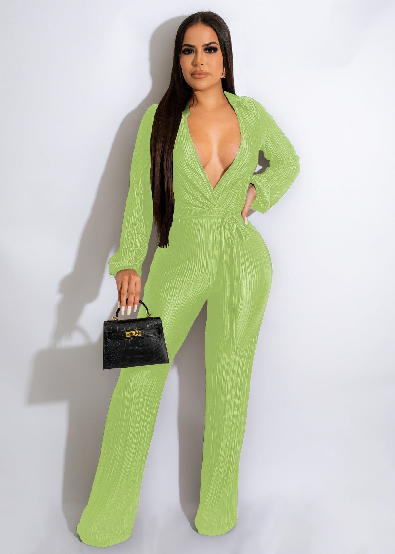 Low Cut Long Sleeve Pleated Jumpsuit