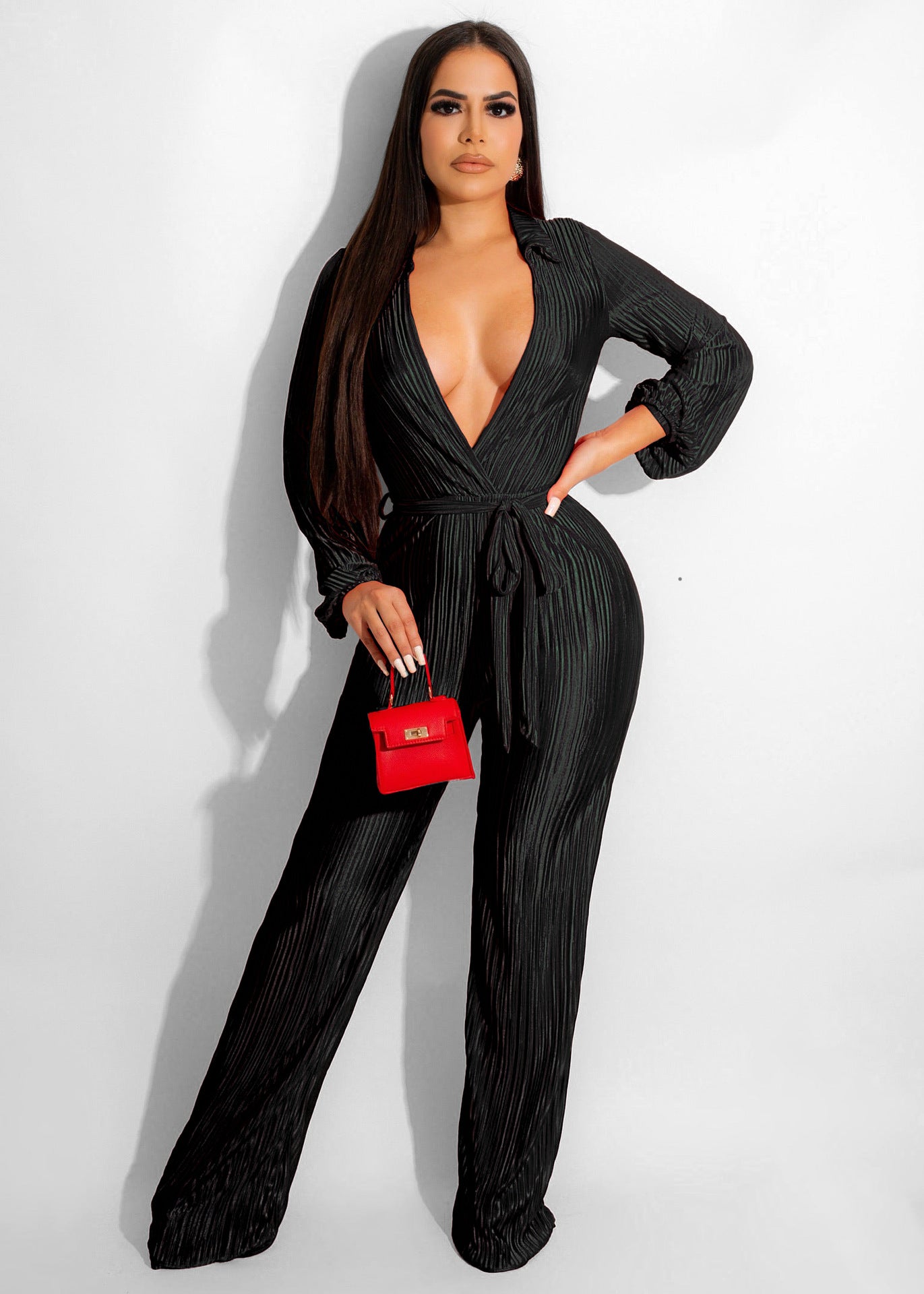 Low Cut Long Sleeve Pleated Jumpsuit