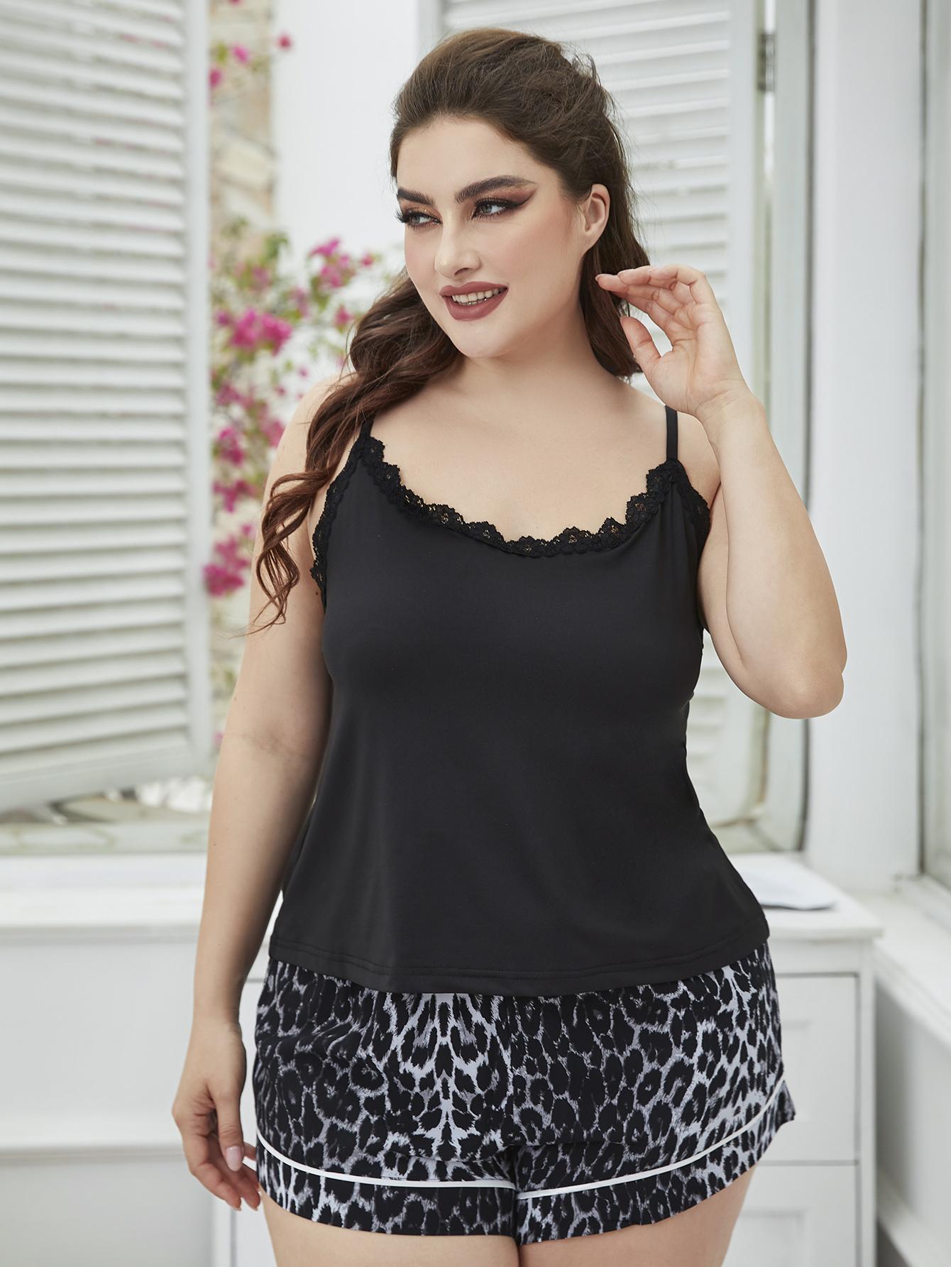 Plus Size Lace Cami Printed Shorts Set Pajamas