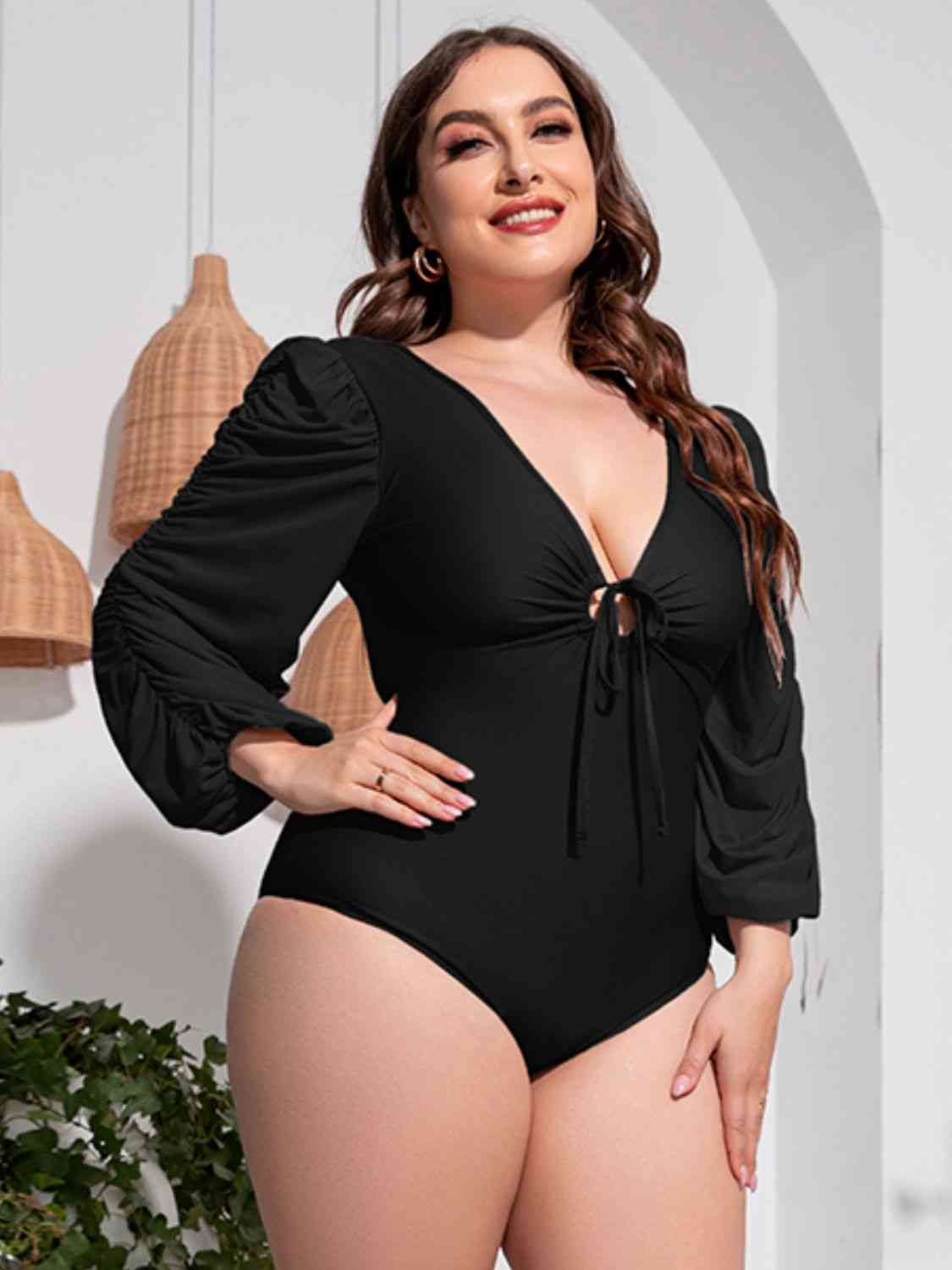 Plus Size Balloon Sleeve One-Piece Swimsuit