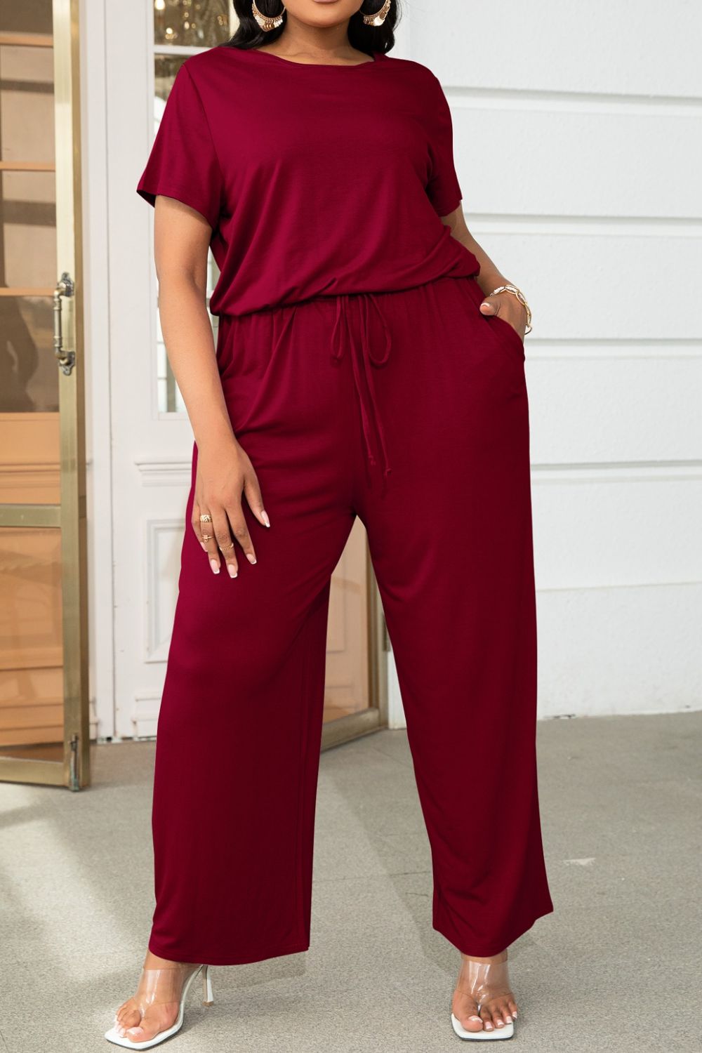 Plus Size Drawstring & Pockets Sleeve Jumpsuit