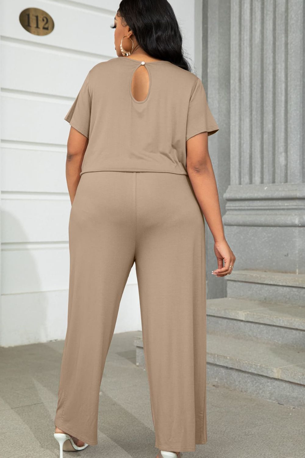 Plus Size Drawstring & Pockets Sleeve Jumpsuit