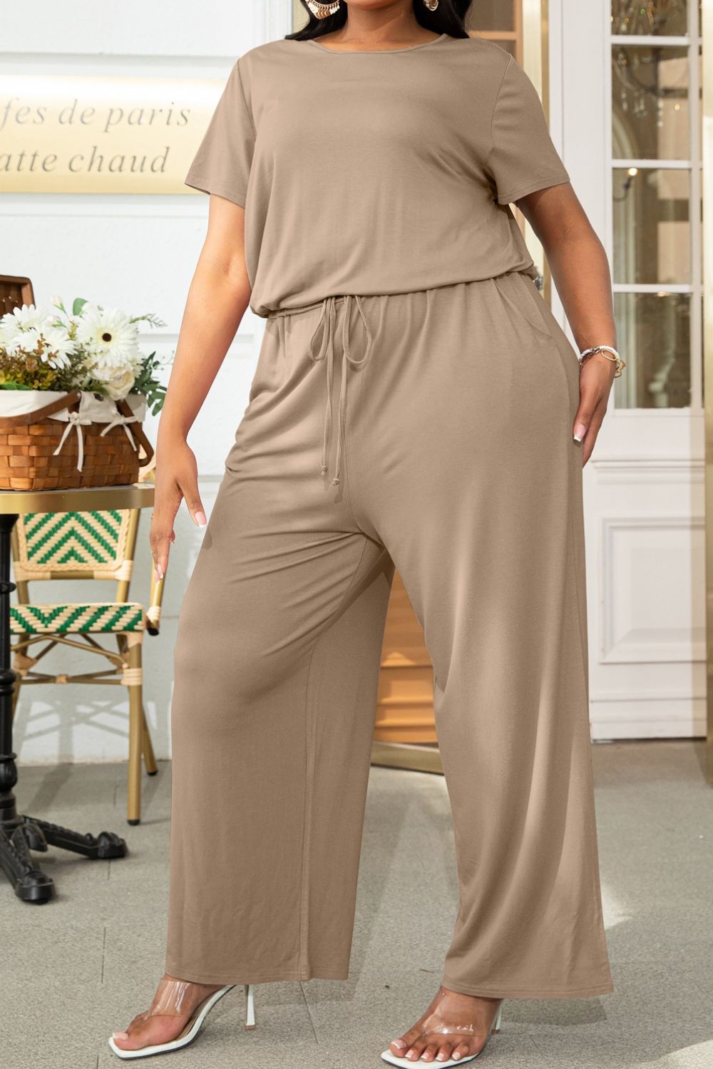 Plus Size Drawstring & Pockets Sleeve Jumpsuit