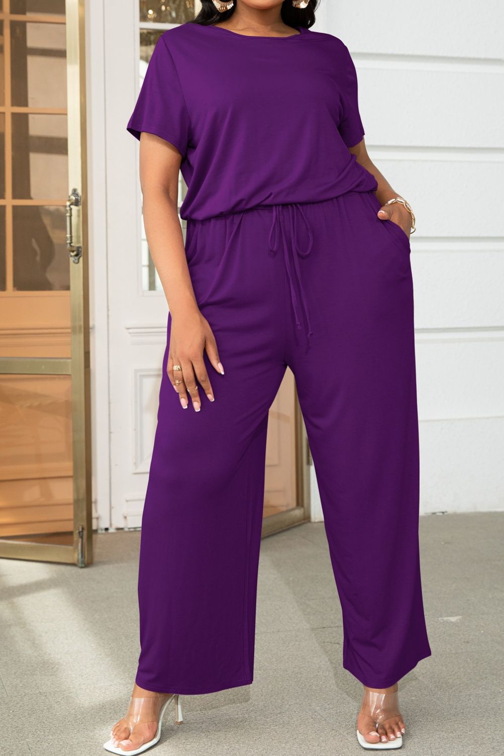 Plus Size Drawstring & Pockets Sleeve Jumpsuit