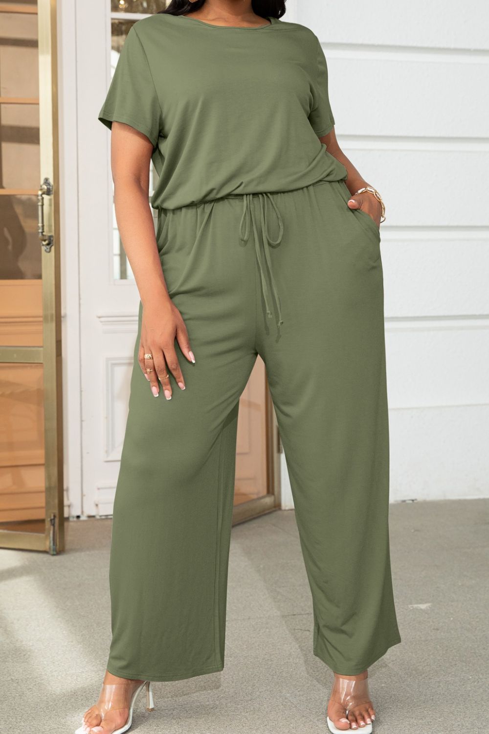 Plus Size Drawstring & Pockets Sleeve Jumpsuit