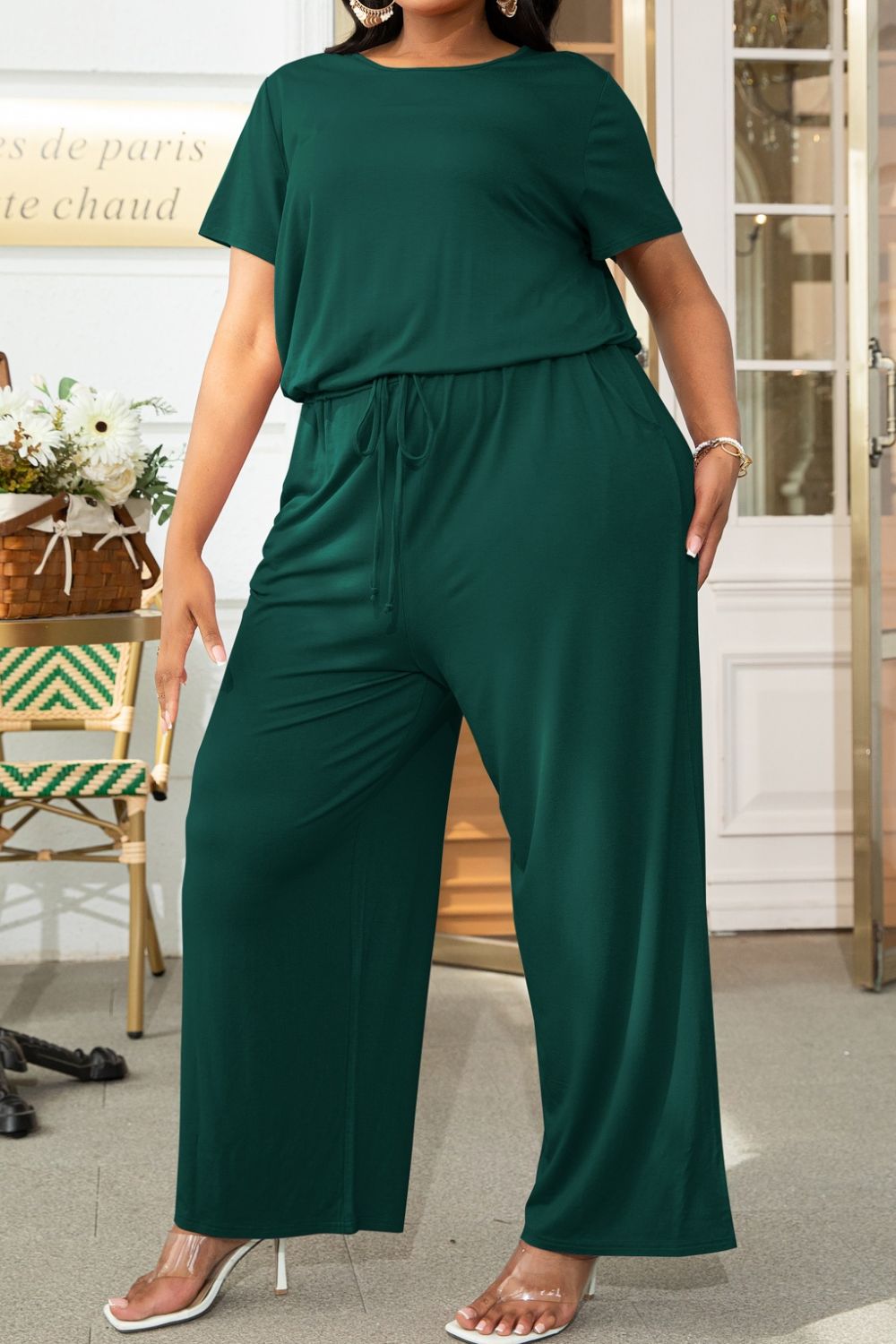 Plus Size Drawstring & Pockets Sleeve Jumpsuit