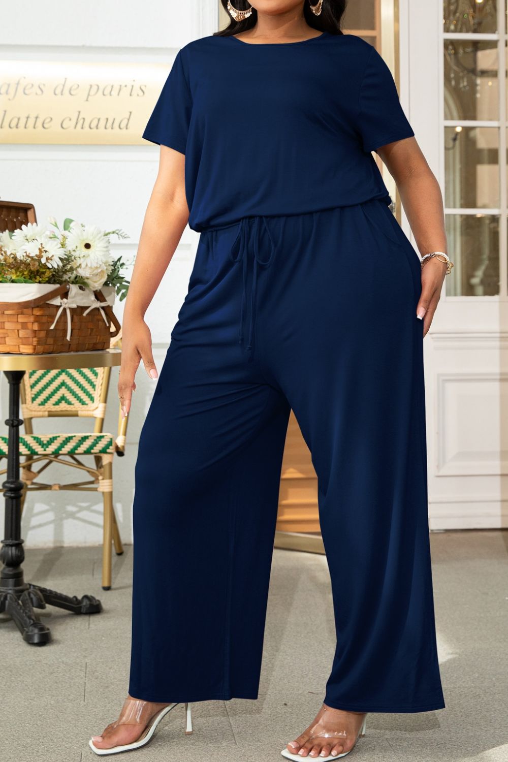 Plus Size Drawstring & Pockets Sleeve Jumpsuit