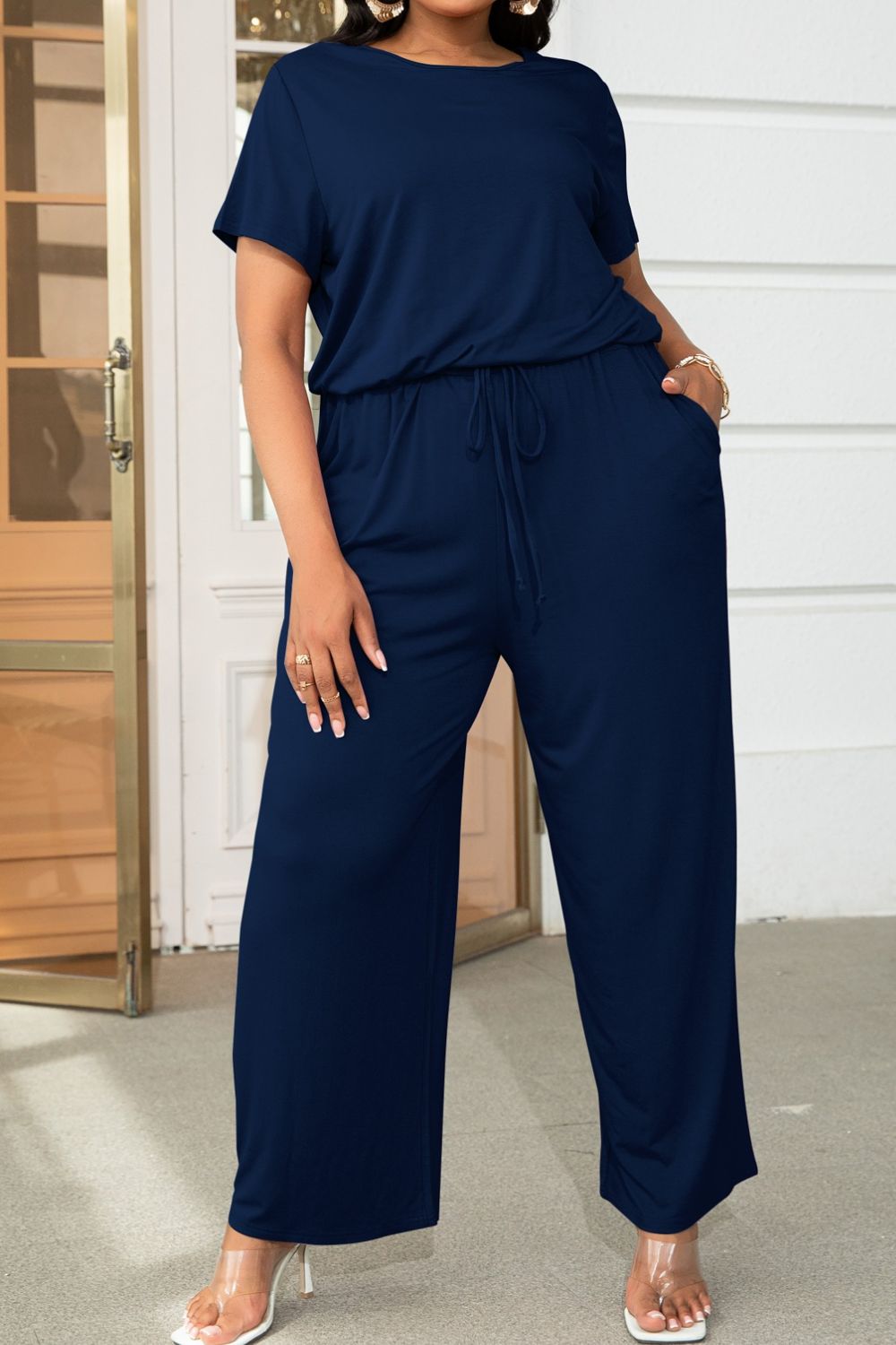 Plus Size Drawstring & Pockets Sleeve Jumpsuit