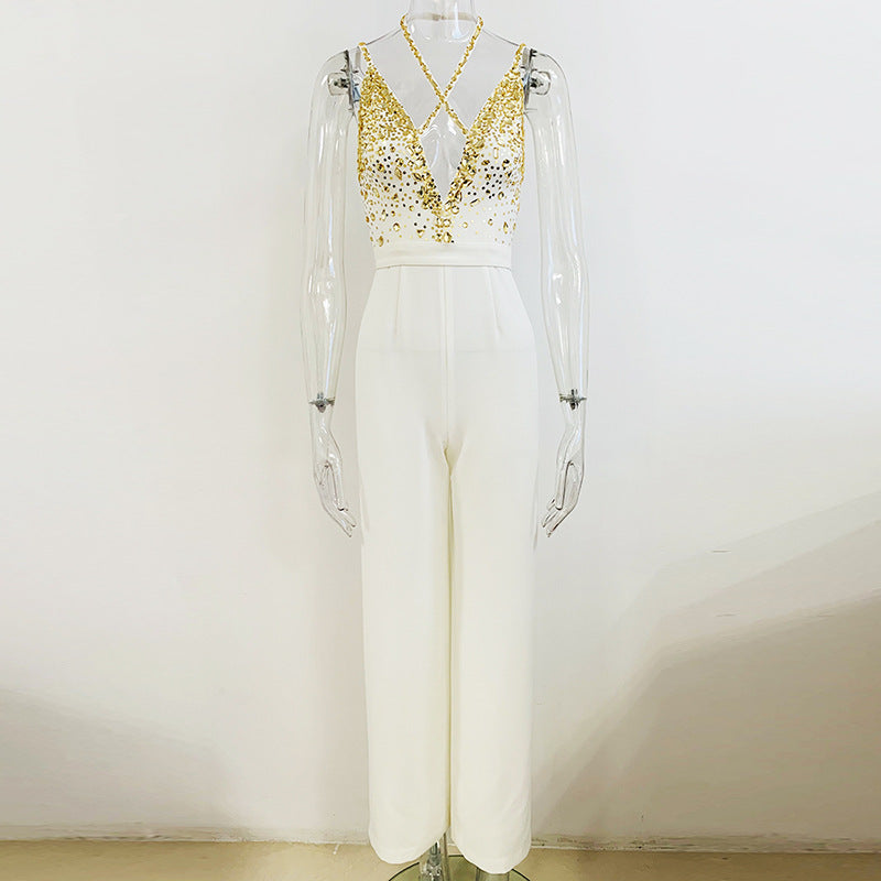 Meet Me In Dubai White Beaded Straight Jumpsuit