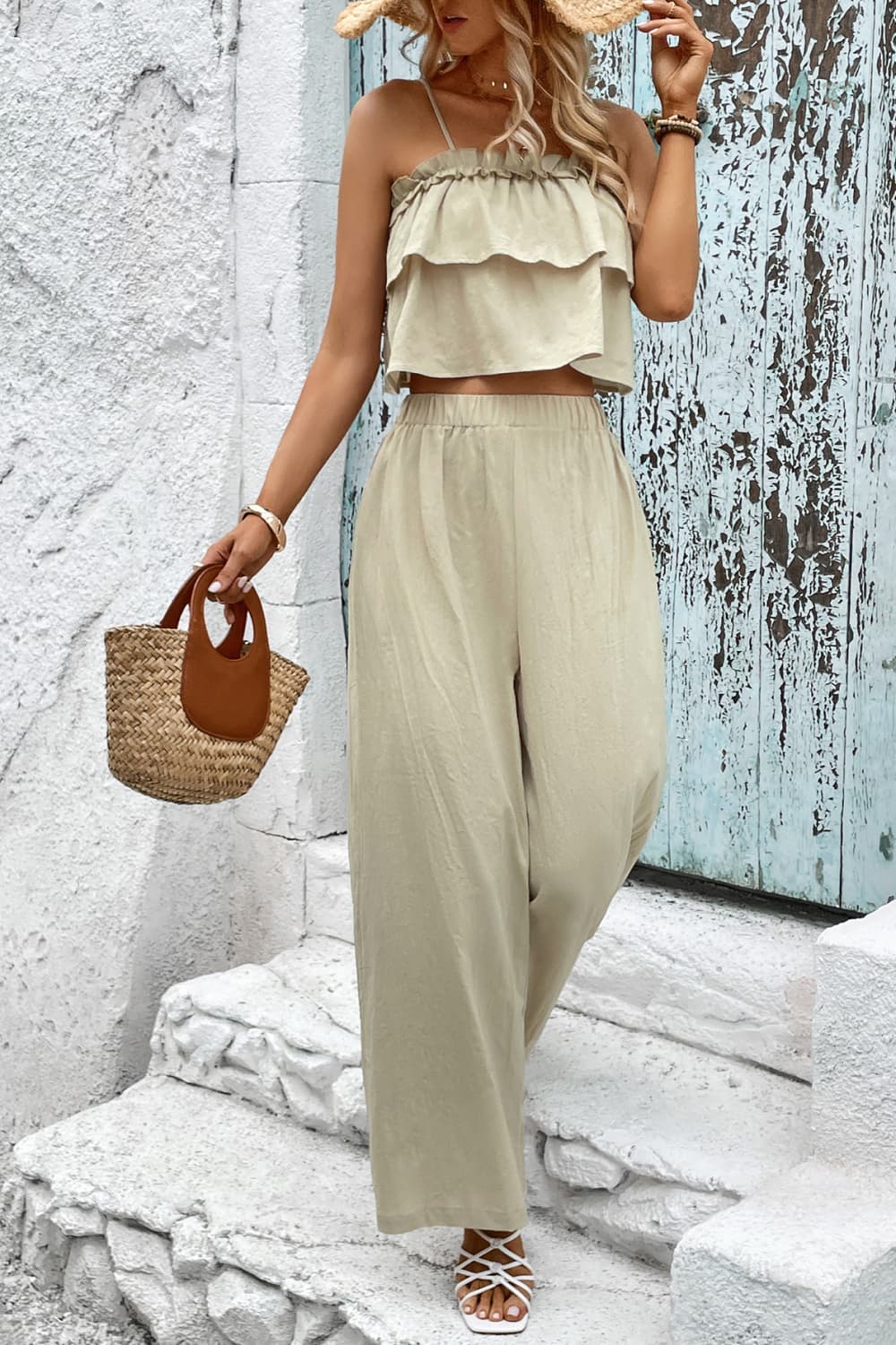 Frill Trim Cami and Wide Leg Pants Set