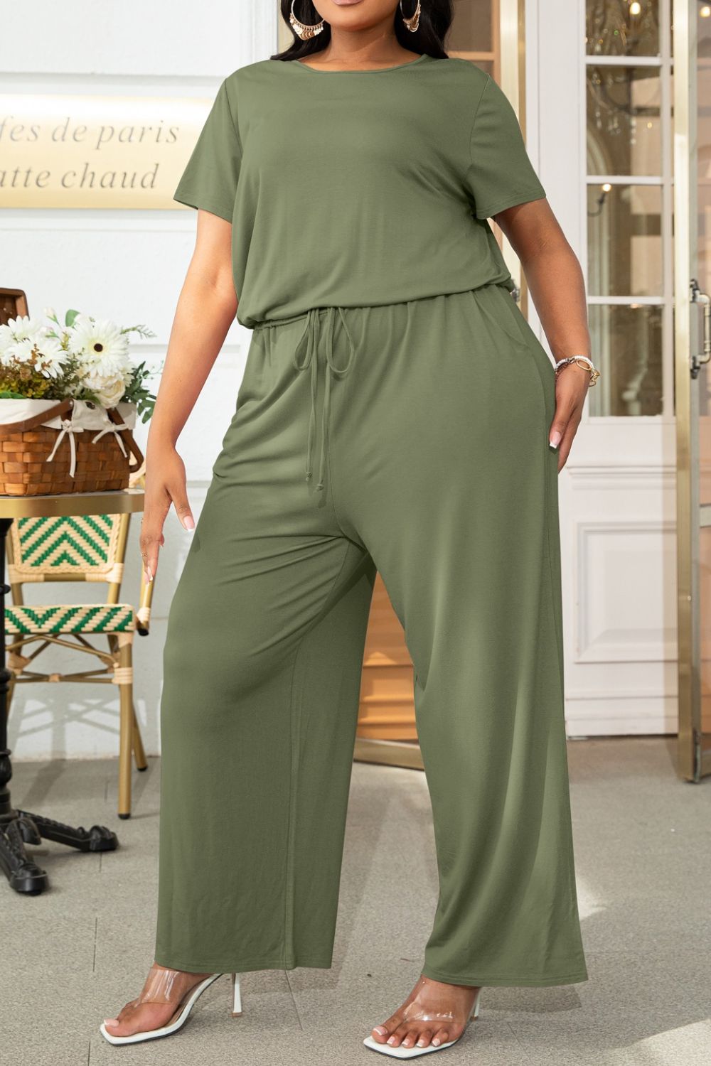 Plus Size Drawstring & Pockets Sleeve Jumpsuit