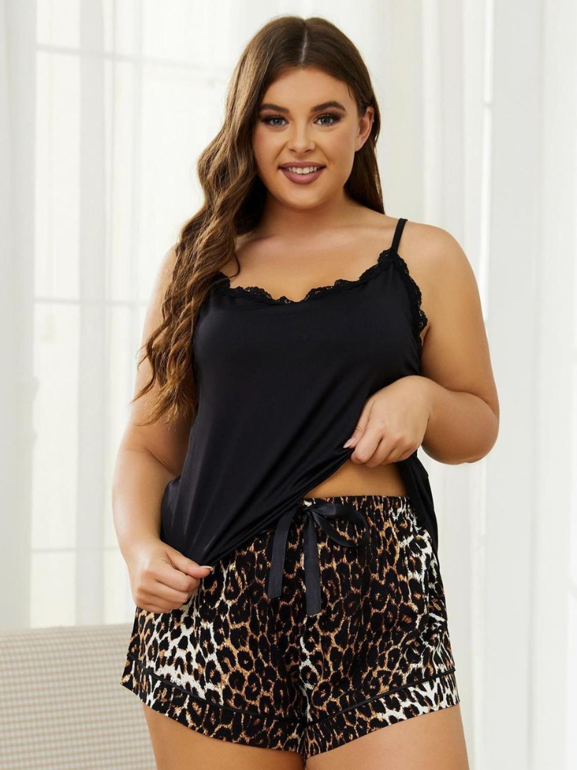 Plus Size Lace Cami Printed Shorts Set Pajamas