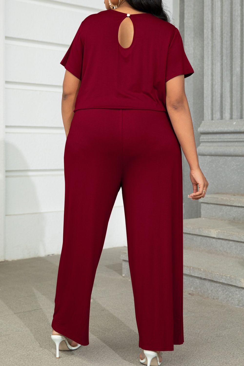 Plus Size Drawstring & Pockets Sleeve Jumpsuit